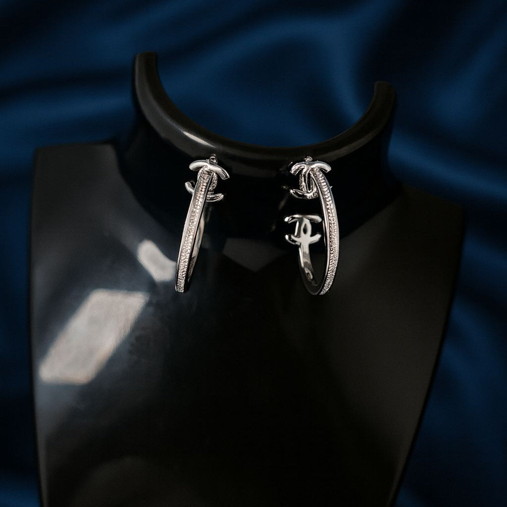 Silver Pavé Hoop Earrings with Cross Charm