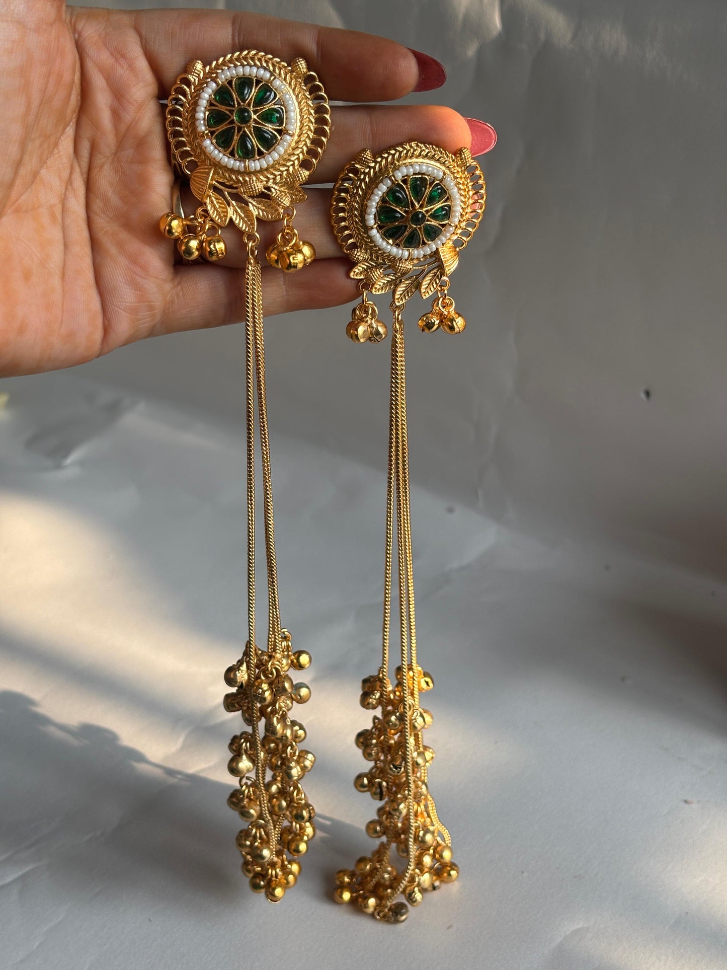 Green Floral Long Ghungroo Chain Jhumka Earrings