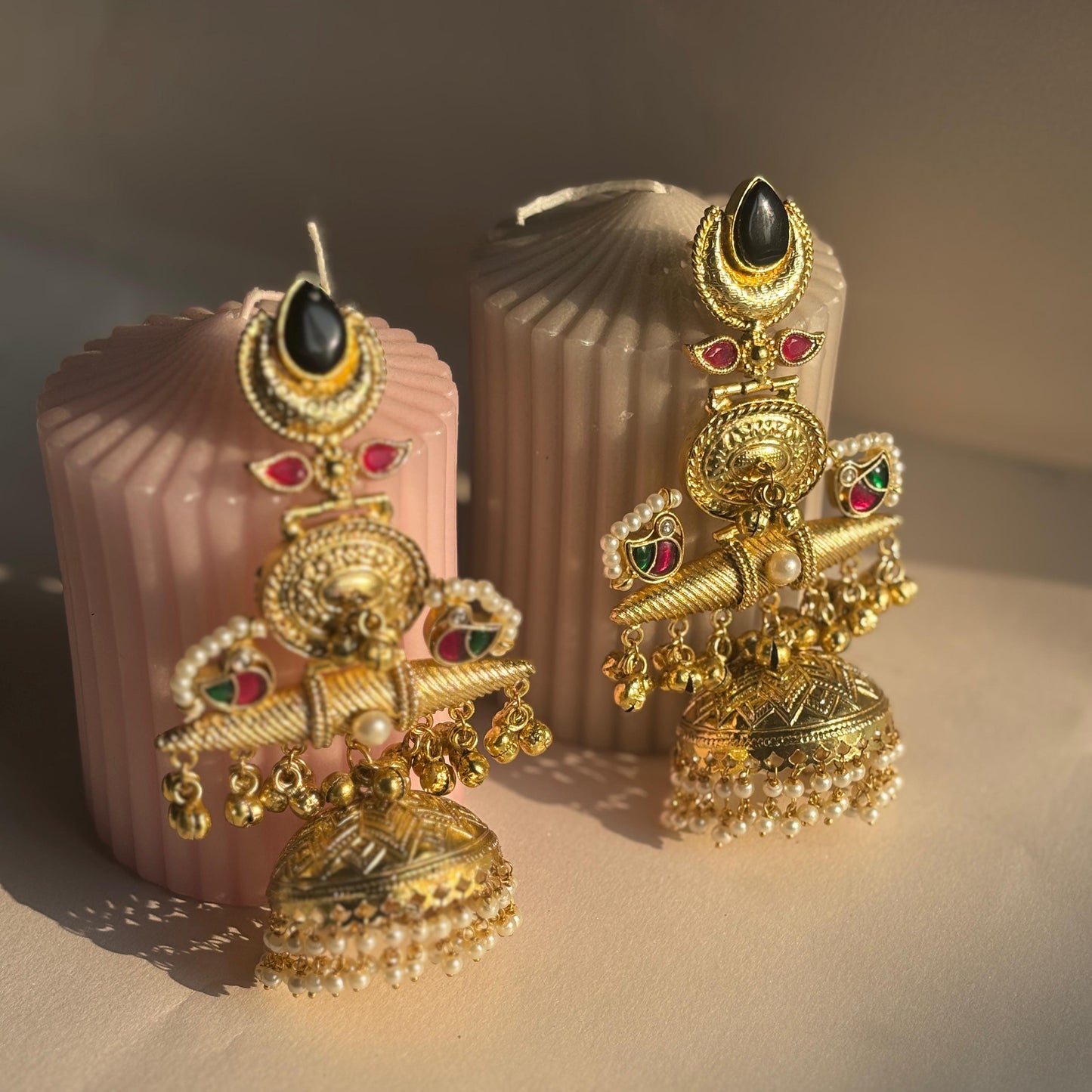 Antique Black Stone Temple Jhumka Earrings