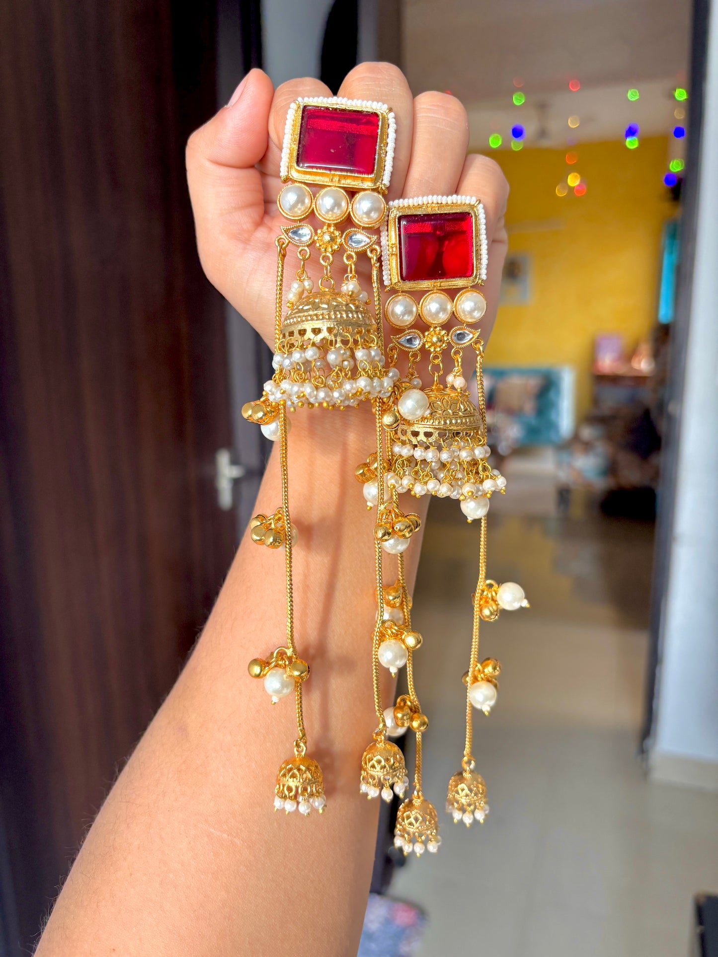Ruby Pearl Jhumka Tassel Statement Earrings