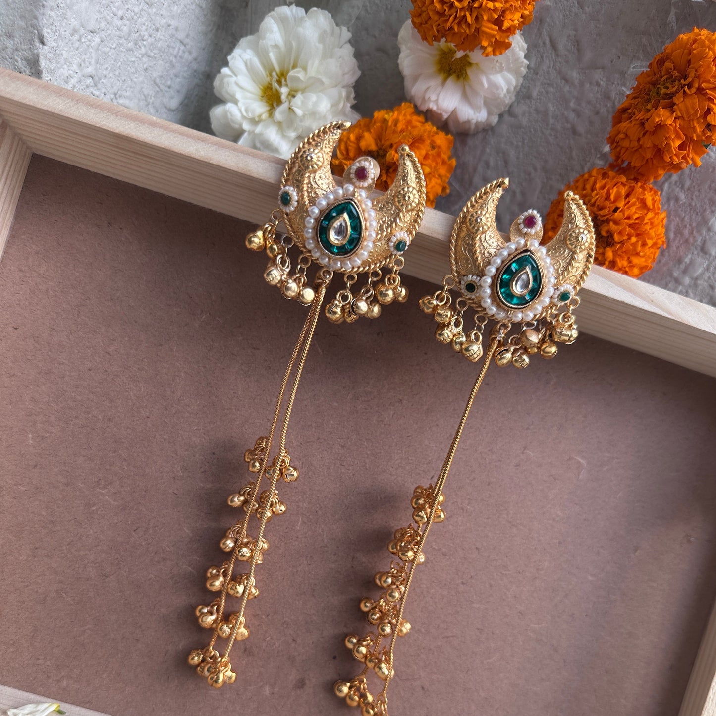 Emerald Crescent Chain Tassel Statement Earrings