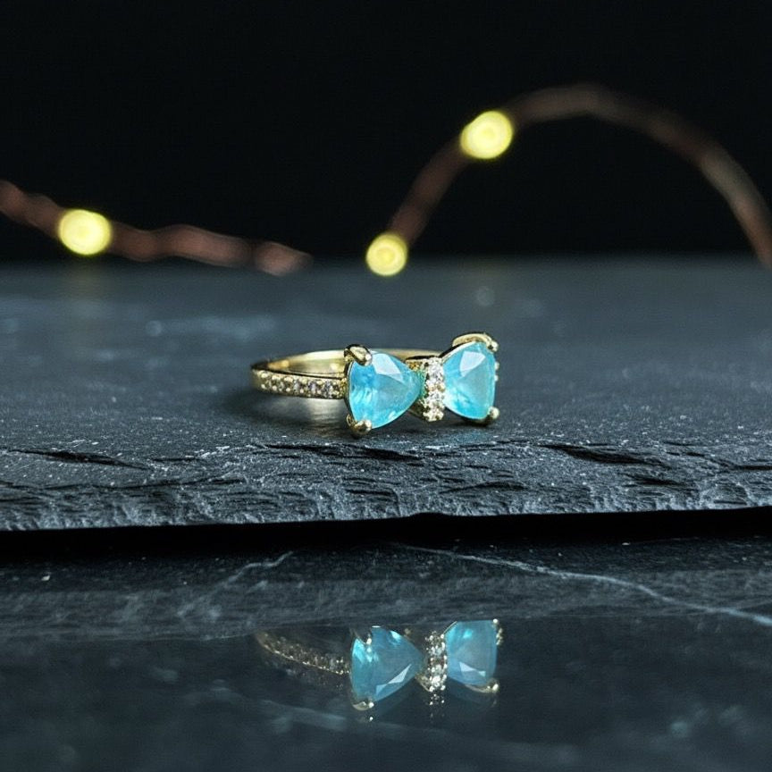 Gold Blue Gemstone Bow Ring with Crystal Accents