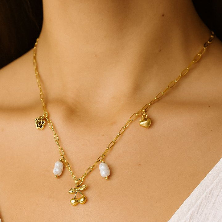 Gold Charm Necklace with Cherry, Pearl & Rose Accents