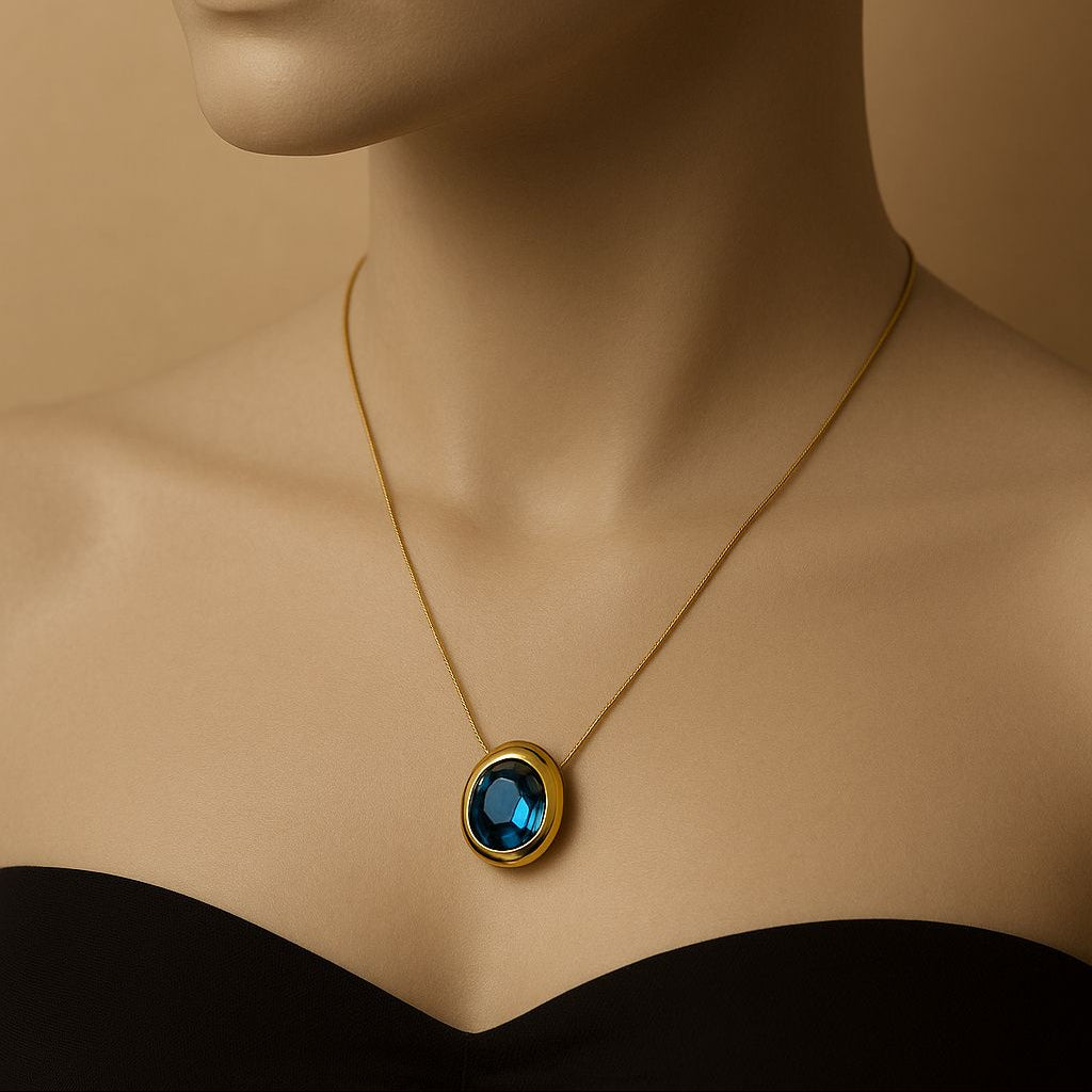 Blue Oval Gemstone Necklace & Earring Set – Gold-Plated | RIVYARA Jewels