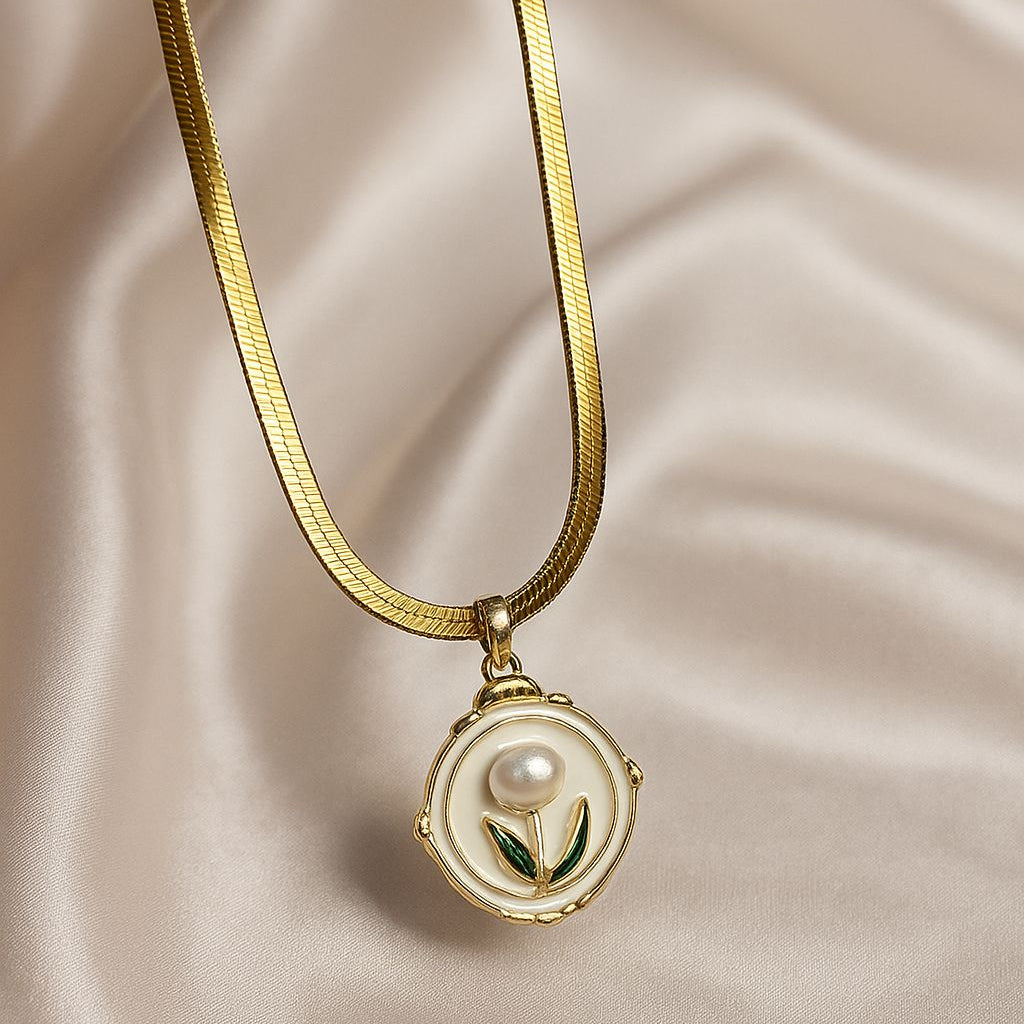 Golden Floral Pearl Medallion Necklace