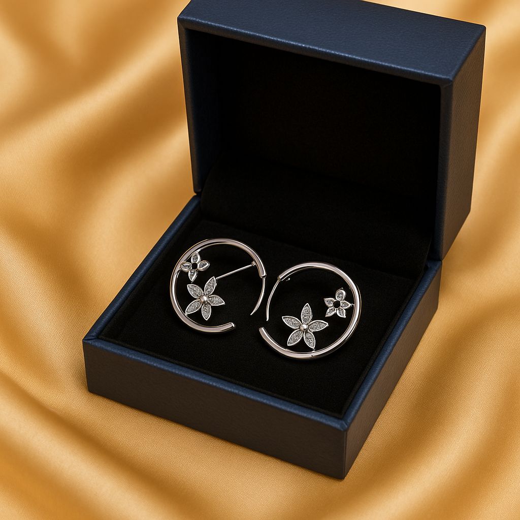 Silver Floral Open Hoop Earrings with Sparkling Crystal Accents