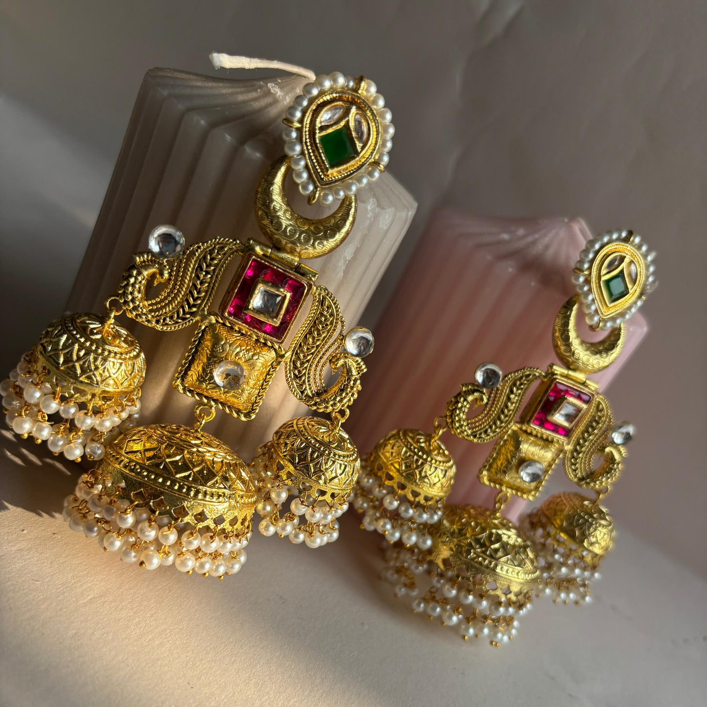 Majestic Kundan Pearl Triple-Jhumka Chandbali Earrings