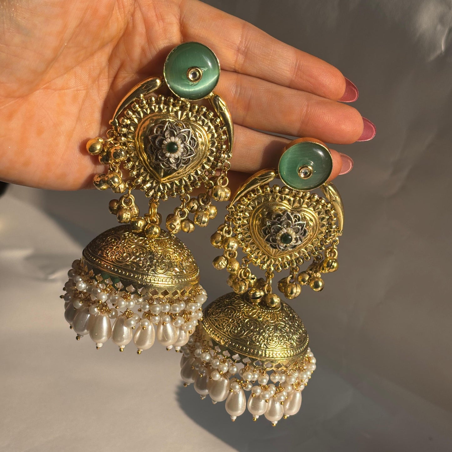 Antique Green Stone Heart Motif Jhumka Earrings