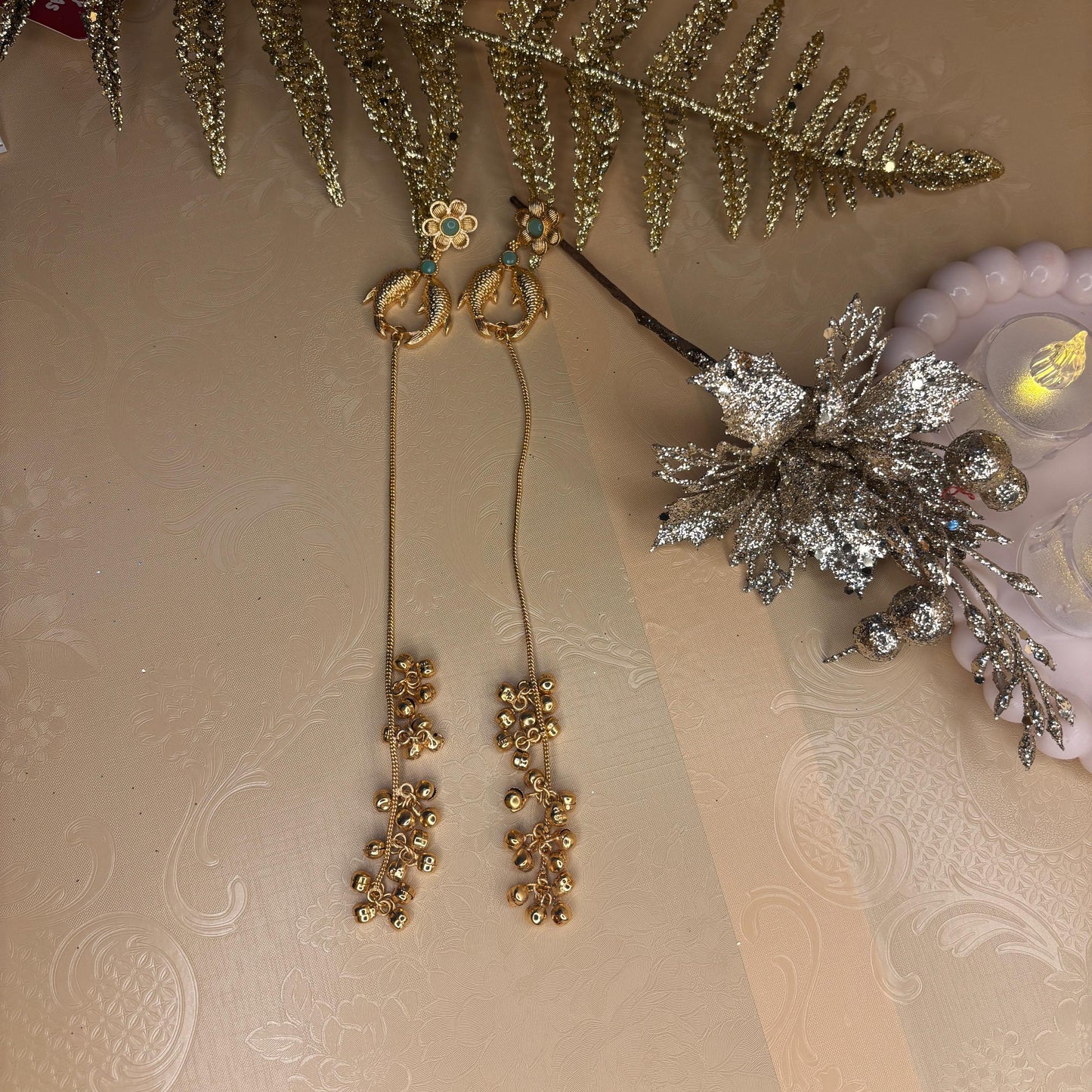 Gold-Plated Floral Long Dangler Earrings
