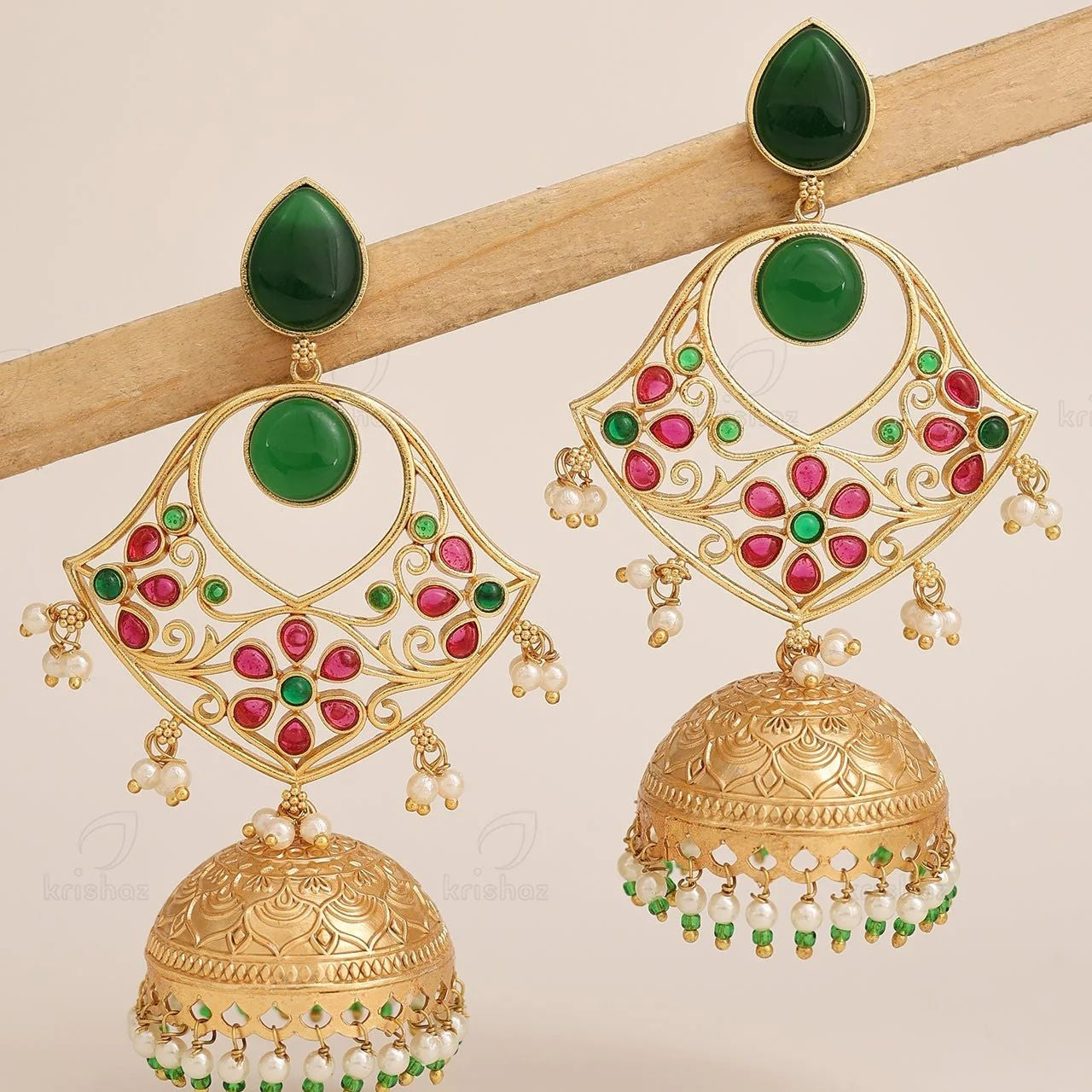 Emerald Green & Ruby Kundan Gold-Plated Jhumka Earrings with Pearl Drops