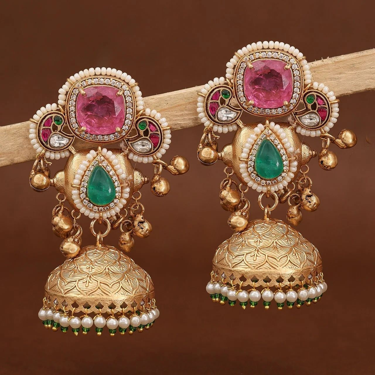 Pink & Emerald Kundan Jhumka Earrings with Pearl Border