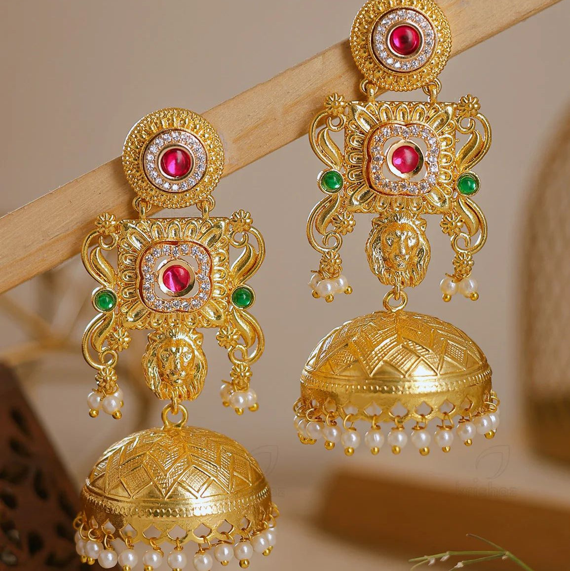 Ruby Green Kundan Gold-Plated Jhumka Earrings with Pearl Drops