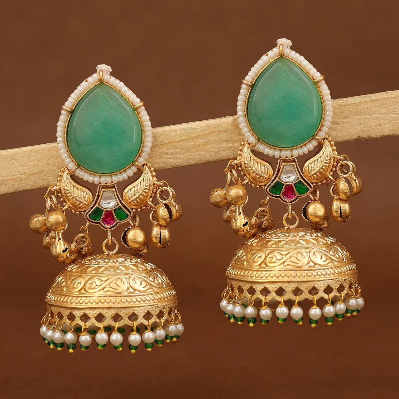 Gold Plated Green Teardrop Stone Jhumka Earrings with Pearl & Bead Drops