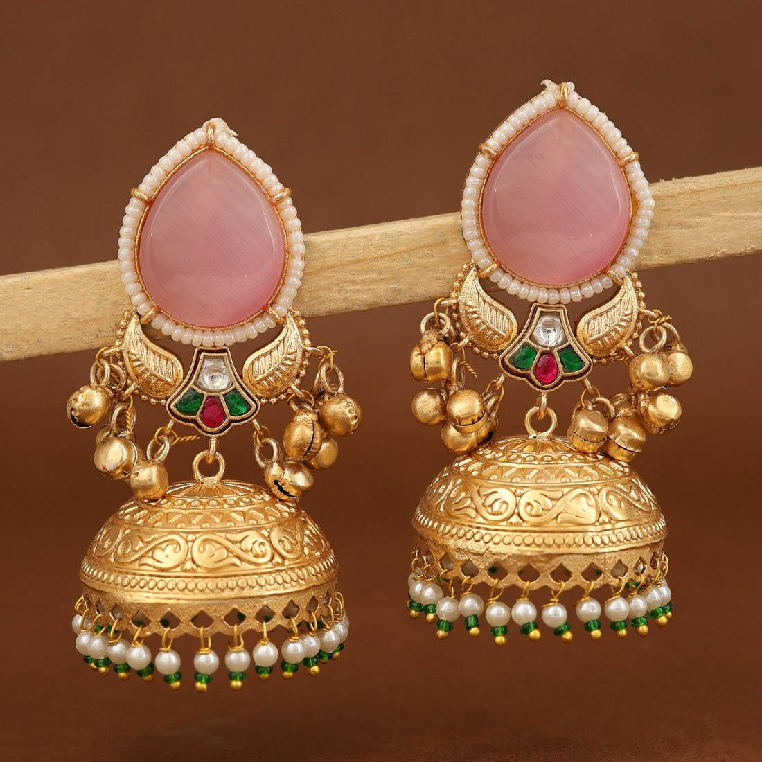 Gold Plated Teardrop Stone Jhumka Earrings with Pearl & Green Bead Drops