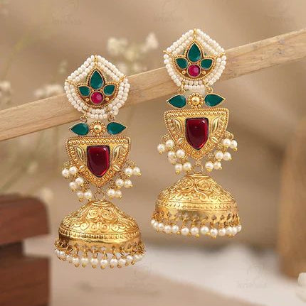 Emerald Green & Ruby Gold Pearl Drops Jhumka