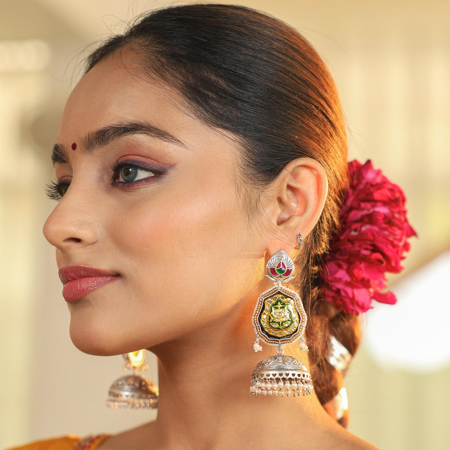 Silver Oxidized Meenakari Temple Jhumka Earrings with Pearl Drops