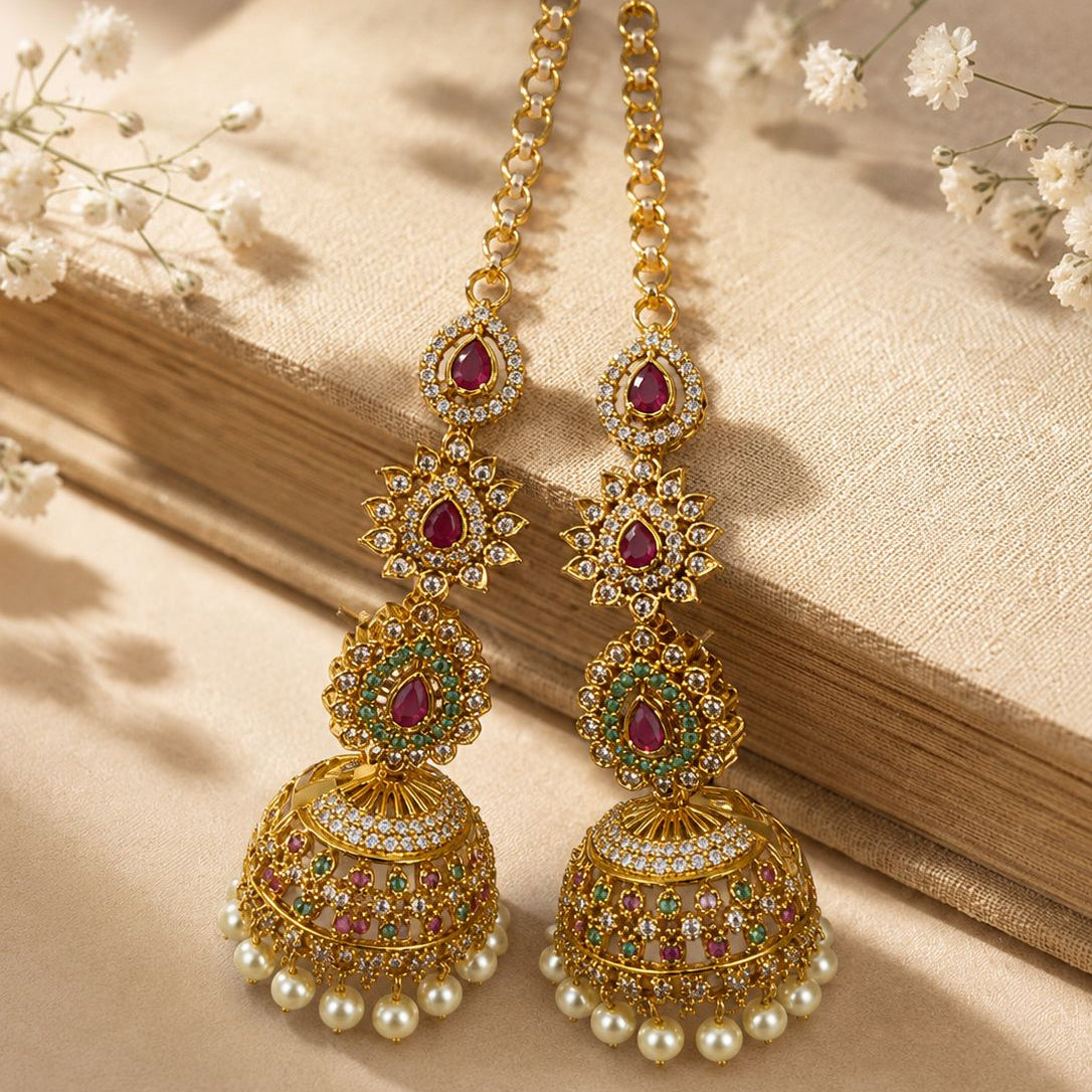 Royal Ruby Long Chain Jhumka Earrings