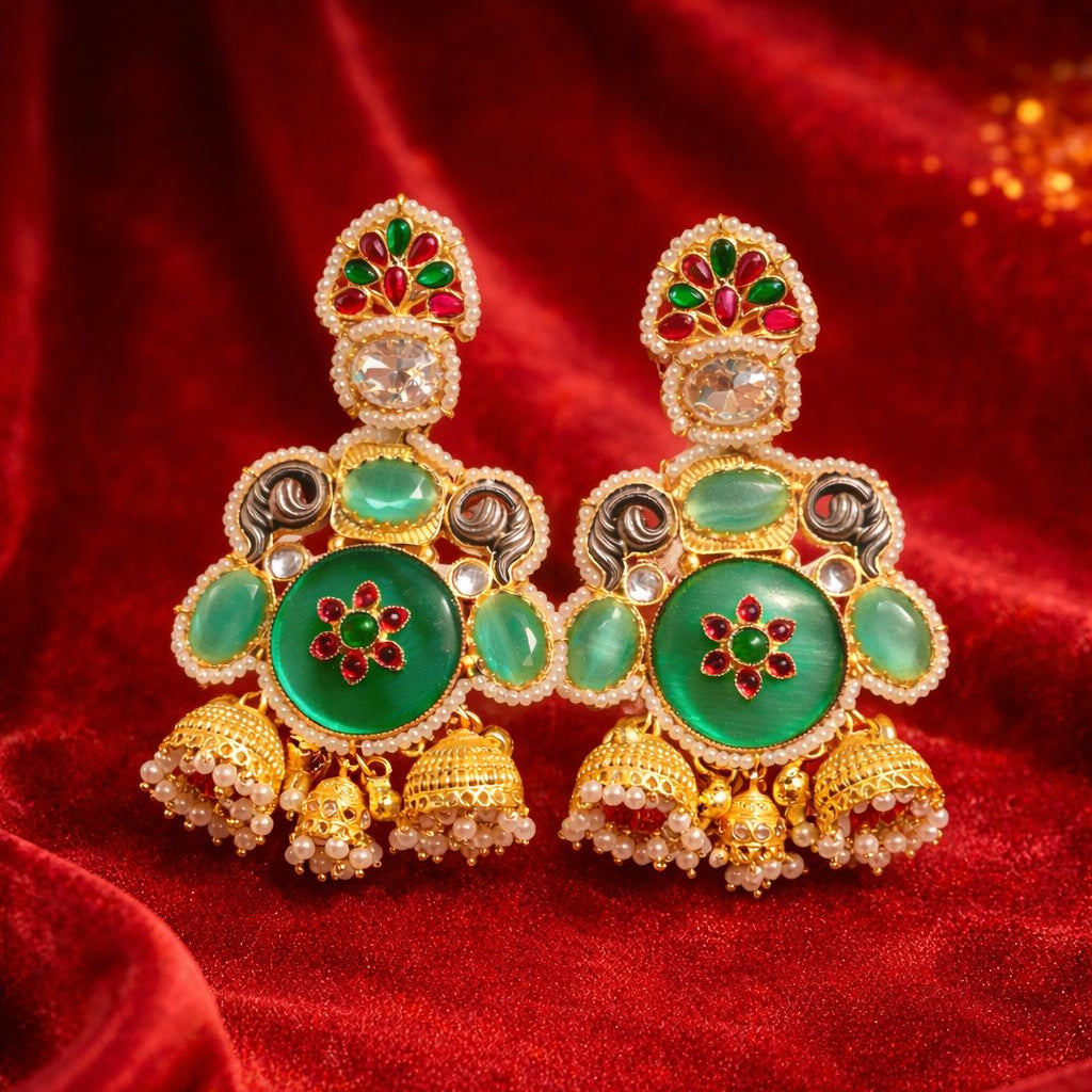 Emerald Green Kundan Floral Jhumka Earrings