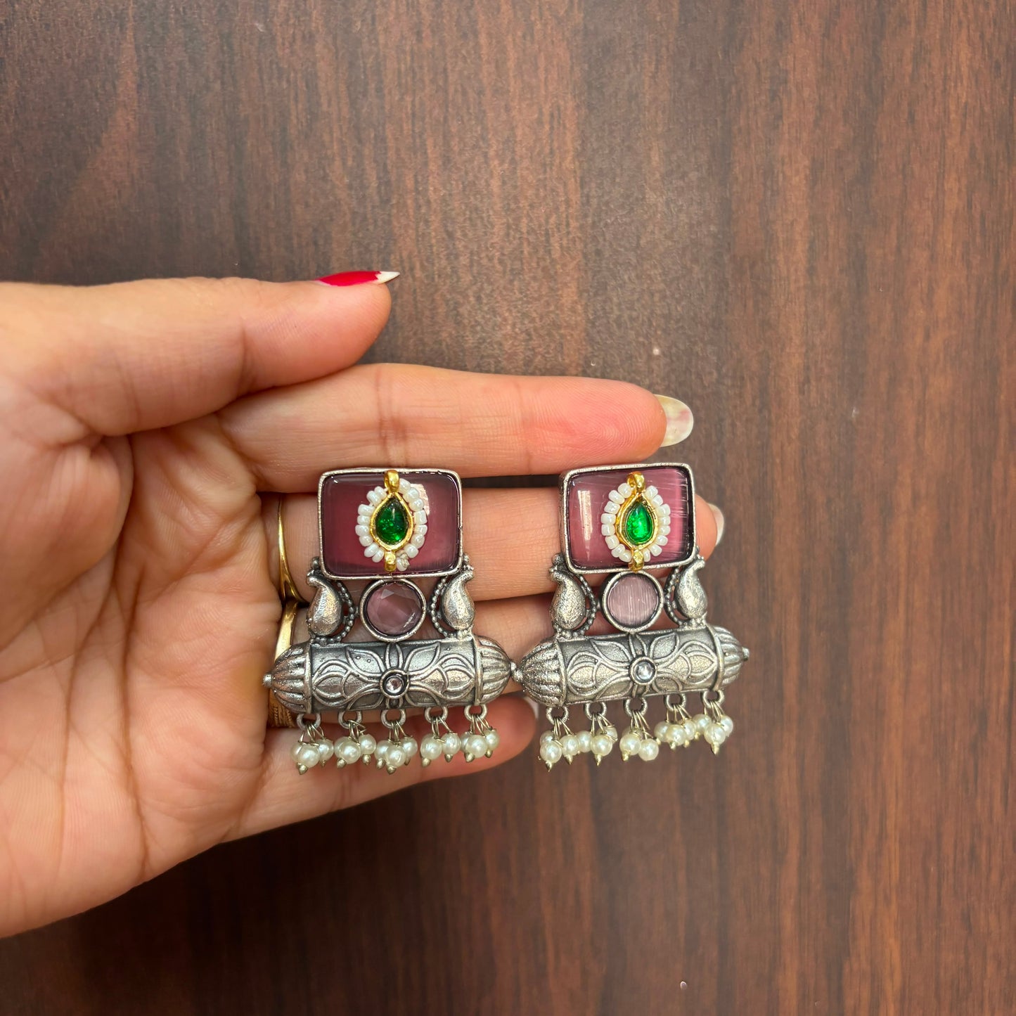 Ruby Heritage Oxidized Pearl Earrings