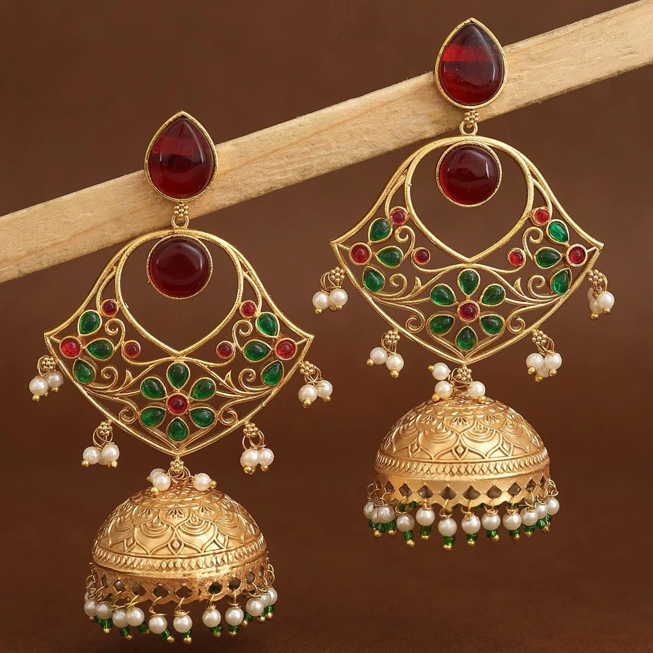 Red & Green Kundan Gold-Plated Jhumka Earrings with Pearl Drops