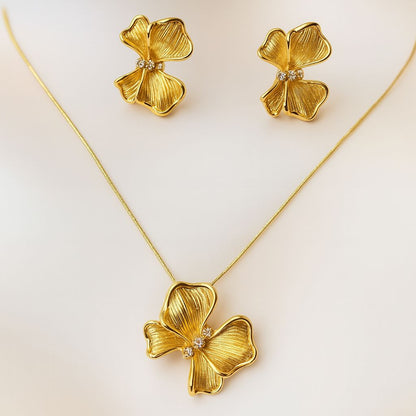 Gold Floral Pendant & Earrings Jewelry Set