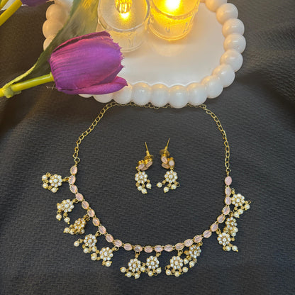 Pink Stone & Pearl Drop Necklace Set