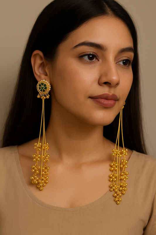 Green Floral Long Ghungroo Chain Jhumka Earrings