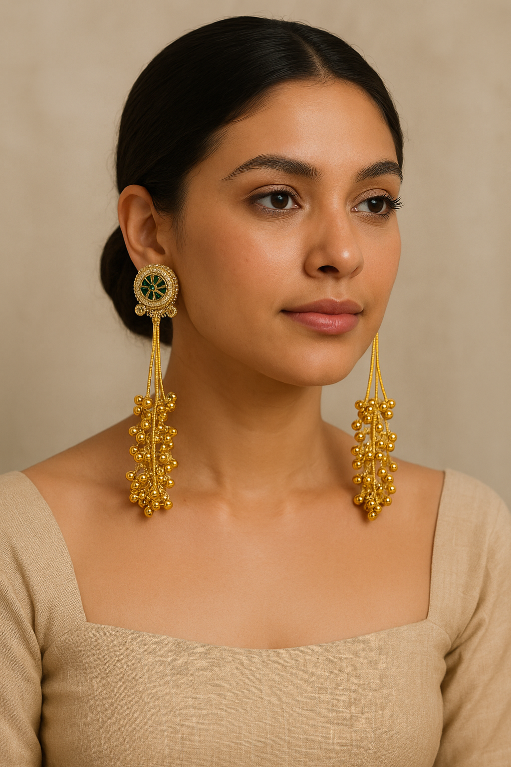 Green Floral Long Ghungroo Chain Jhumka Earrings