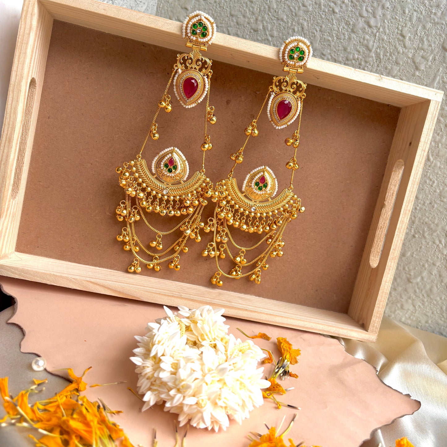 Kundan Chandbali Earrings with Gold Bead Drops
