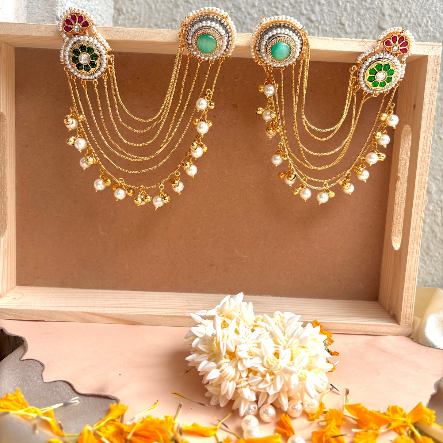 Emerald Pearl Multi-Chain Kundan Statement Earrings