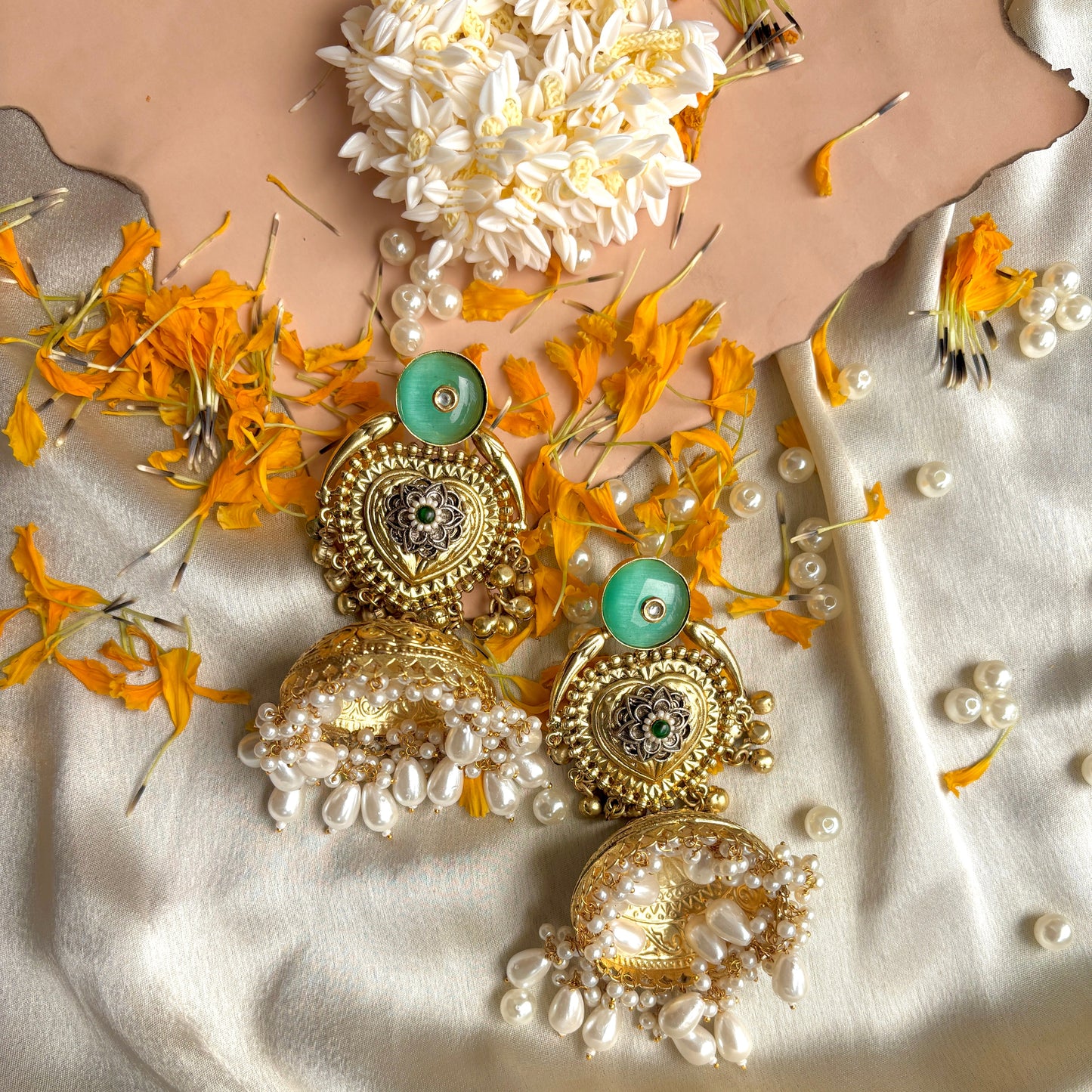 Antique Green Stone Heart Motif Jhumka Earrings