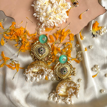 Antique Green Stone Heart Motif Jhumka Earrings