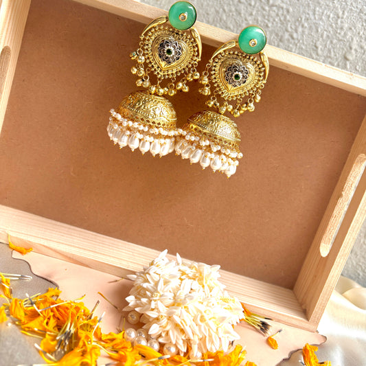 Antique Green Stone Heart Motif Jhumka Earrings