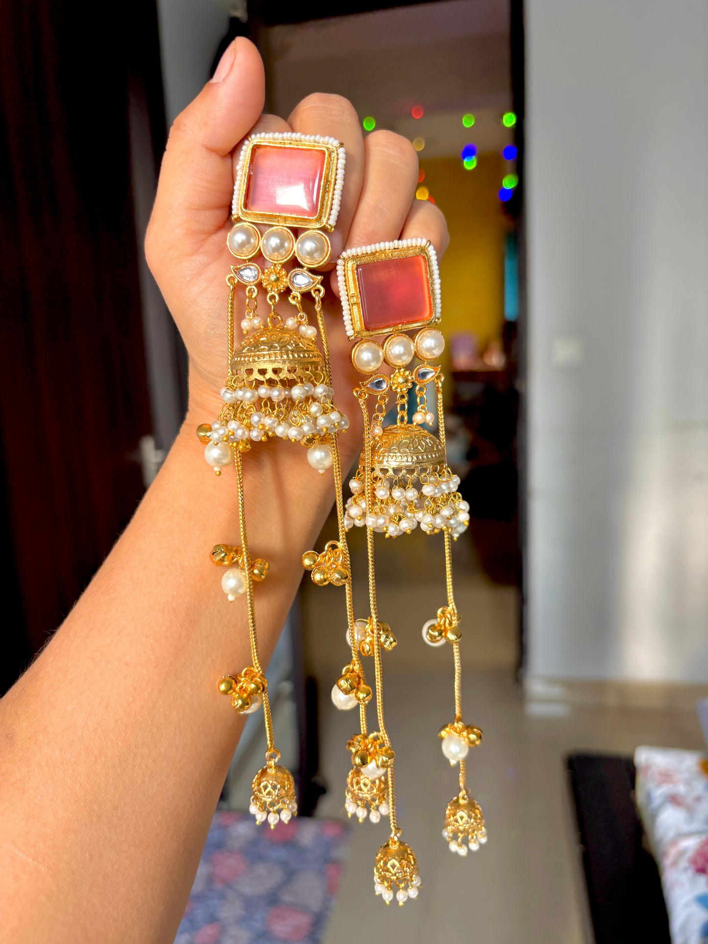 Blush Pink Pearl Jhumka Tassel Earrings