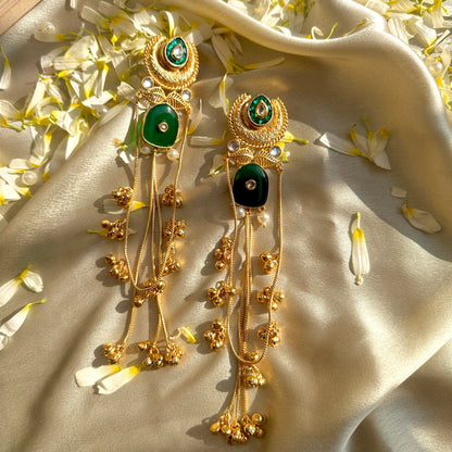 Emerald Kundan Tassel Statement Earrings