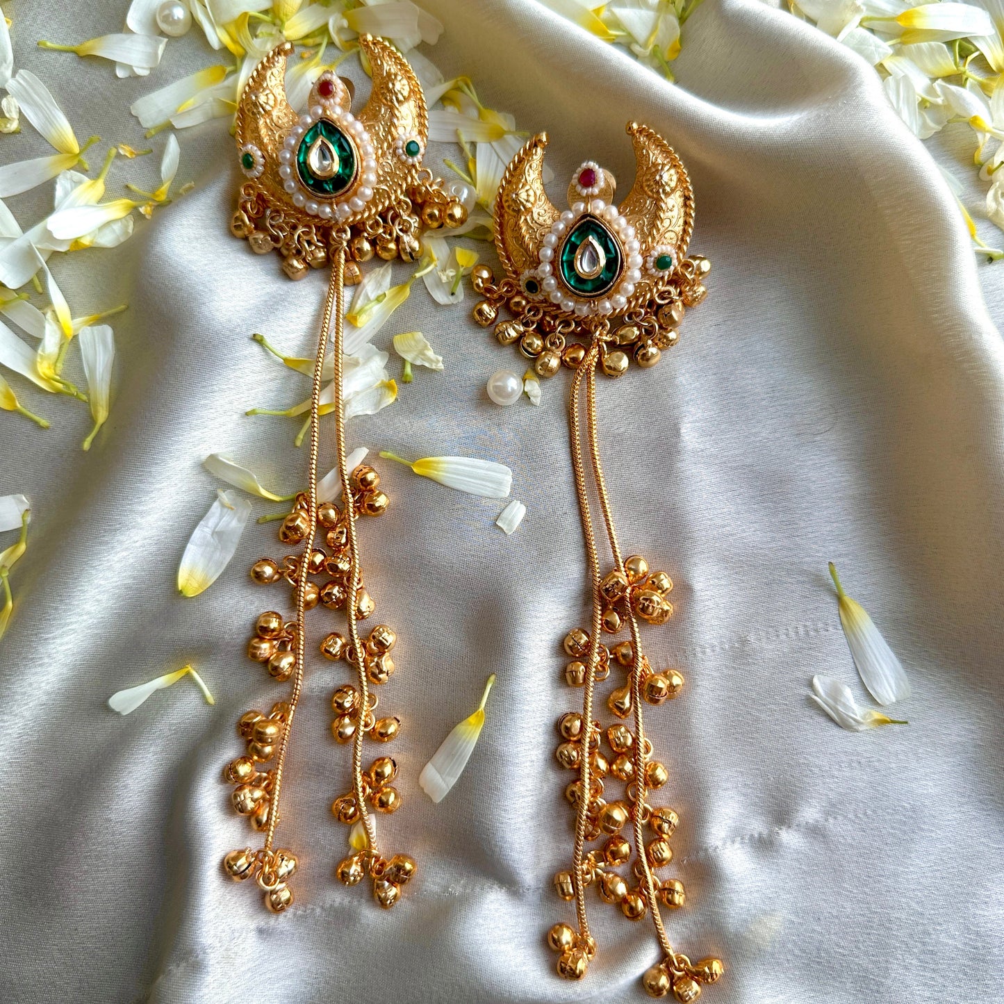 Emerald Crescent Chain Tassel Statement Earrings