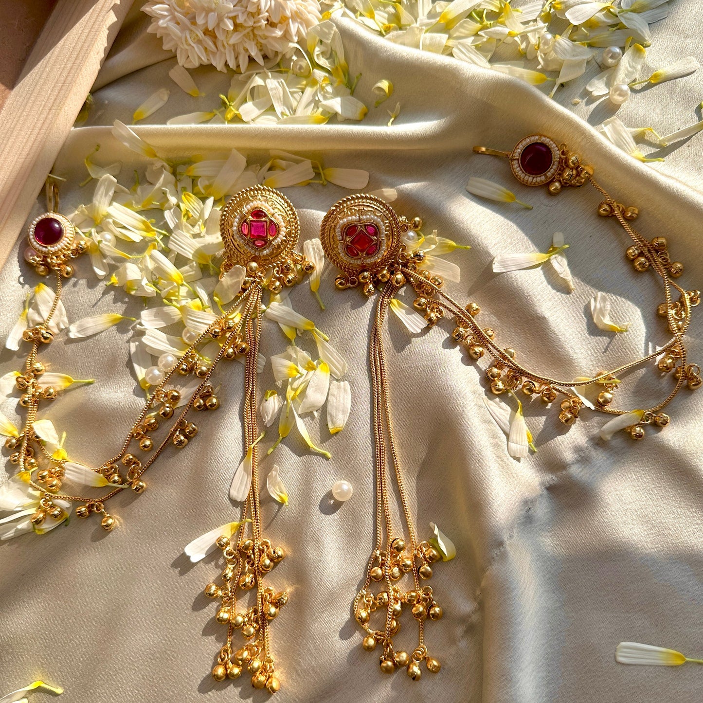 Ruby Kundan Chain Drape Statement Earrings