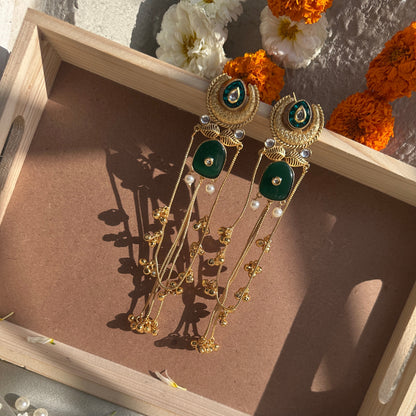 Emerald Kundan Tassel Statement Earrings