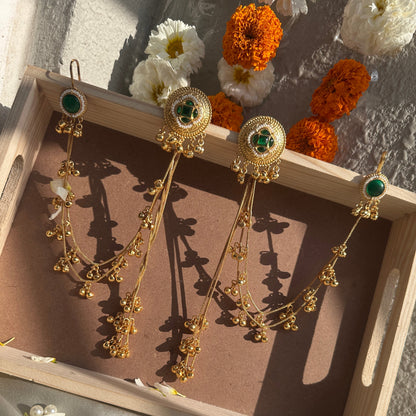 Emerald Kundan Chain Drape Statement Earrings