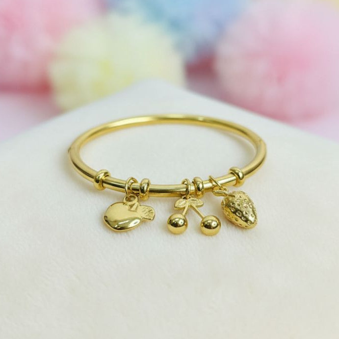 Gold Fruit Charm Bangle Bracelet – Apple, Cherry & Strawberry Design