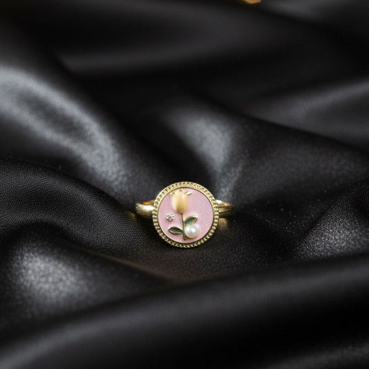 Gold Enamel Floral Ring with Yellow Rose, Crystal & Pearl Accents