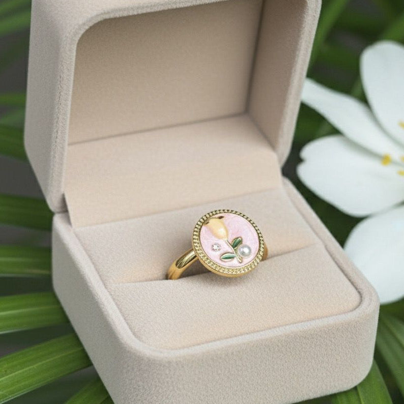 Gold Enamel Floral Ring with Yellow Rose, Crystal & Pearl Accents