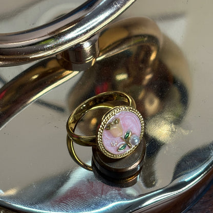 Gold Enamel Floral Ring with Yellow Rose, Crystal & Pearl Accents