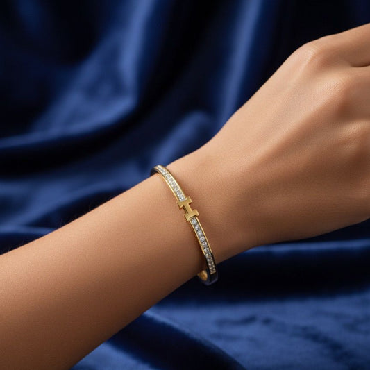 Gold Crystal “H” Bracelet – Elegant Minimalist Bangle
