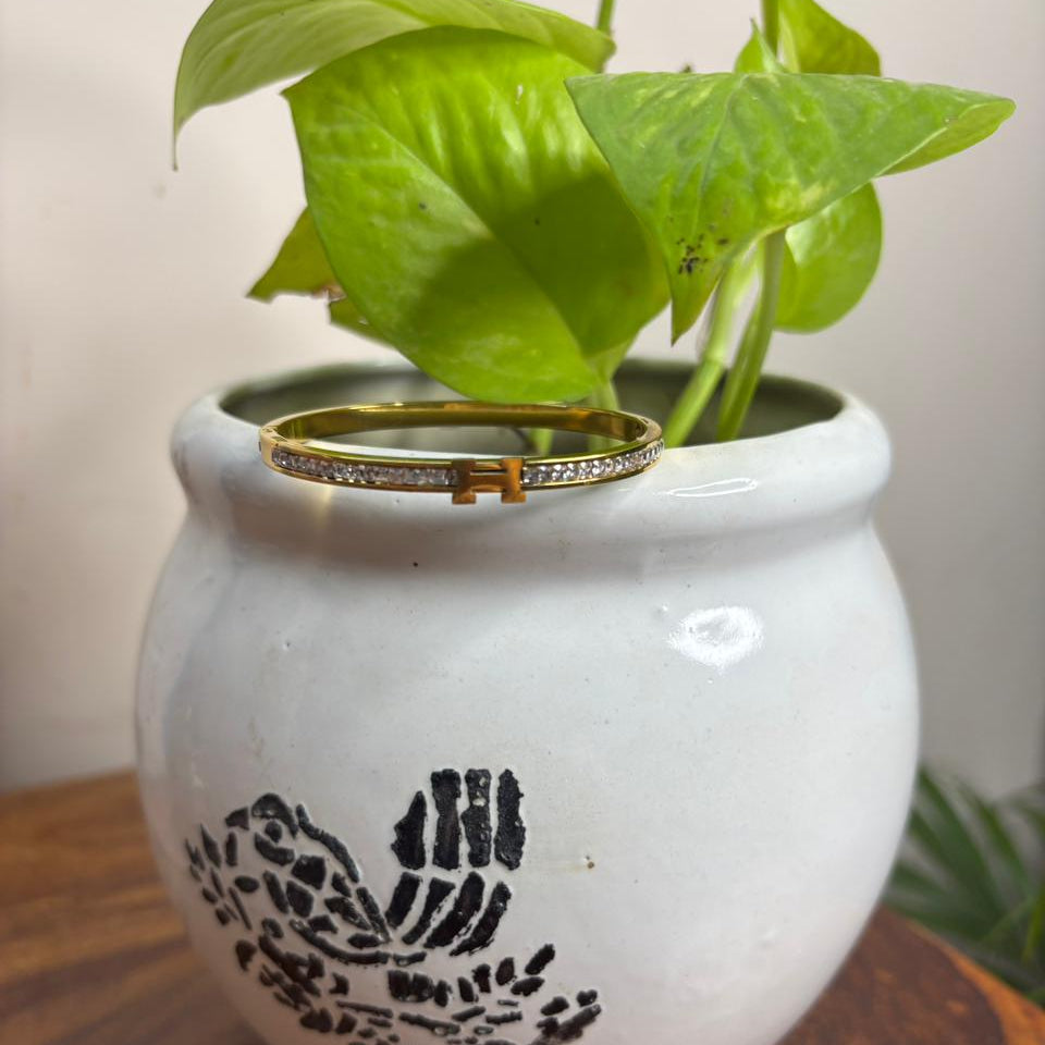 Gold Crystal “H” Bracelet – Elegant Minimalist Bangle