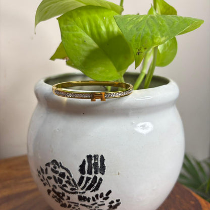 Gold Crystal “H” Bracelet – Elegant Minimalist Bangle