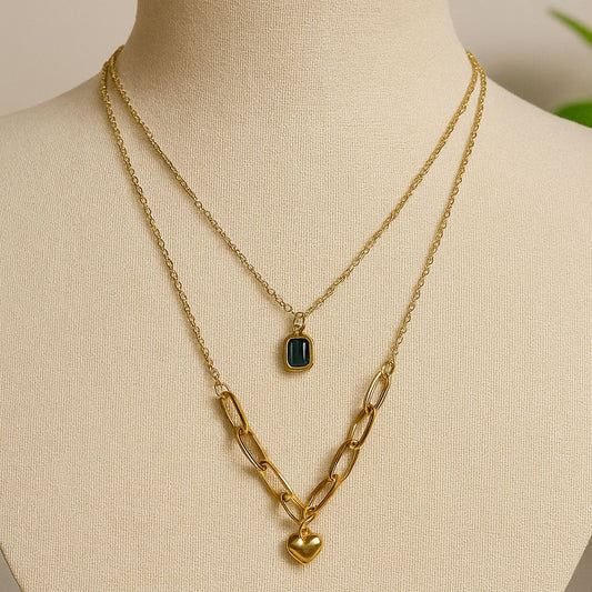 Layered Gold Necklace with Heart Charm & Gemstone Pendant