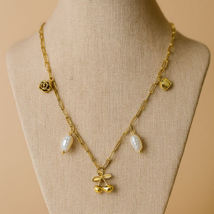 Gold Charm Necklace with Cherry, Pearl & Rose Accents