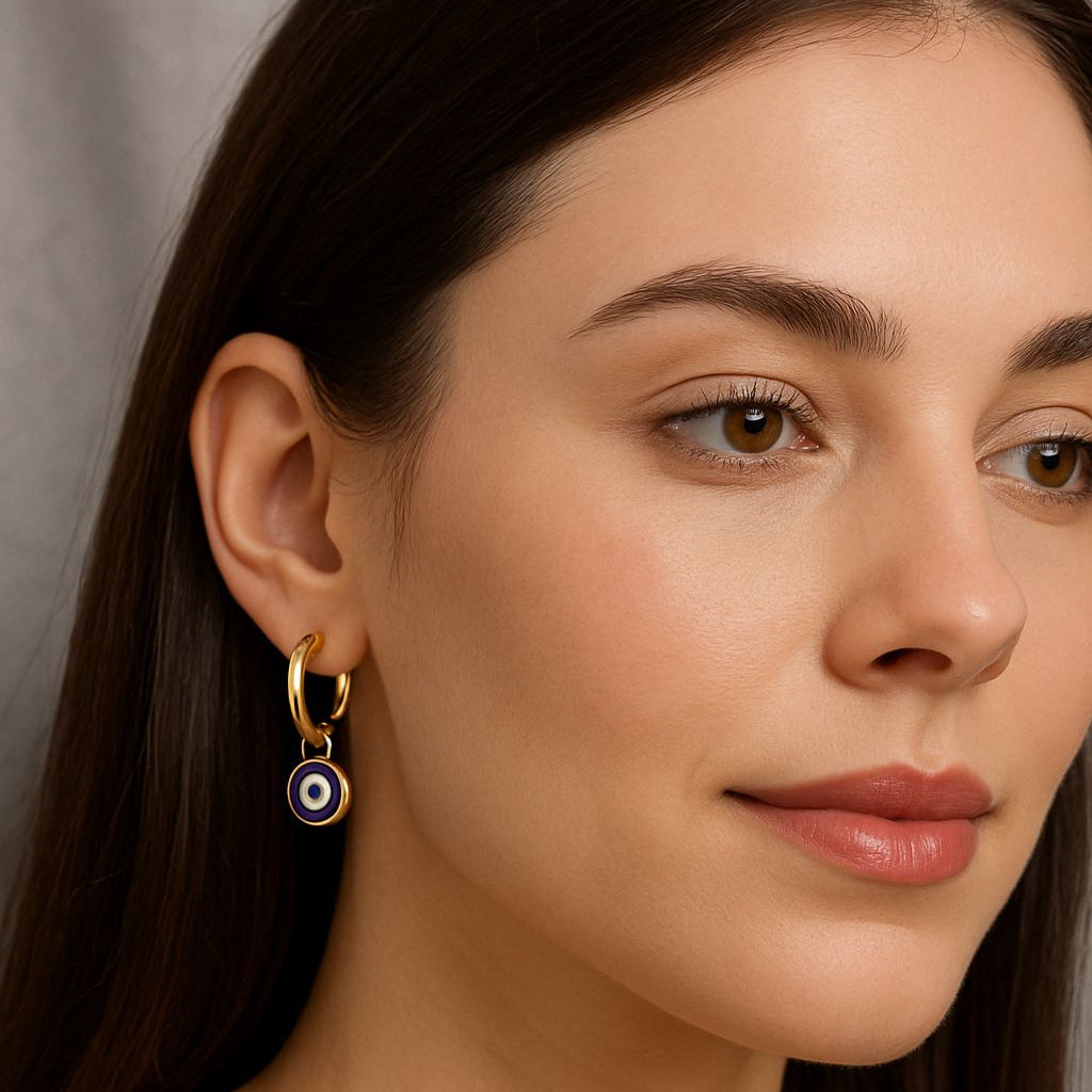 Gold Evil Eye Hoop Earrings – Blue Enamel Protection Charm