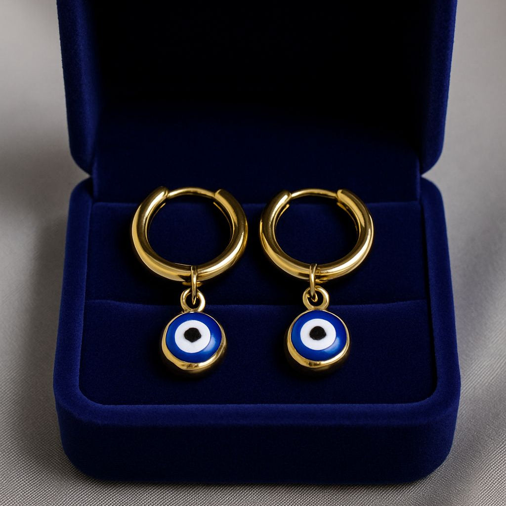 Gold Evil Eye Hoop Earrings – Blue Enamel Protection Charm